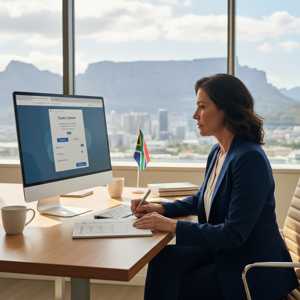 A photorealistic image of a professional adult sitting at a modern office desk, confidently reviewing a digital compliance checklist on a computer screen displaying cookie consent options, with South African flag elements subtly in the background, symbolizing legal adherence in the digital space. No children are present in the image.