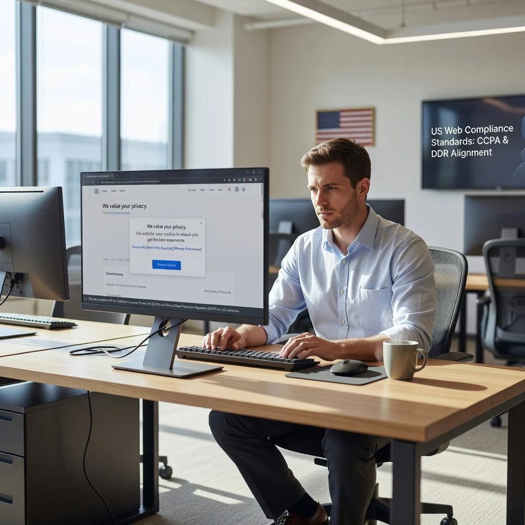 A photorealistic image of a professional web developer in a modern office setting, carefully reviewing a computer screen displaying a website with prominent cookie consent banner and privacy settings. The focus is on digital security and user privacy compliance for US websites, evoking trust and professionalism. No children are present in the image.