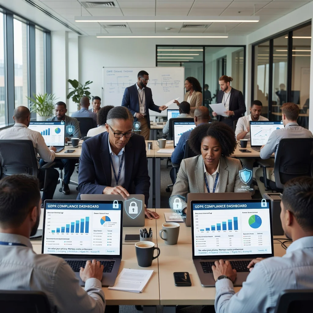 A photorealistic image representing data privacy and GDPR compliance in a modern office setting, showing a diverse group of adult professionals reviewing digital security on computers, with subtle privacy icons like locks and shields in the background, no children present.