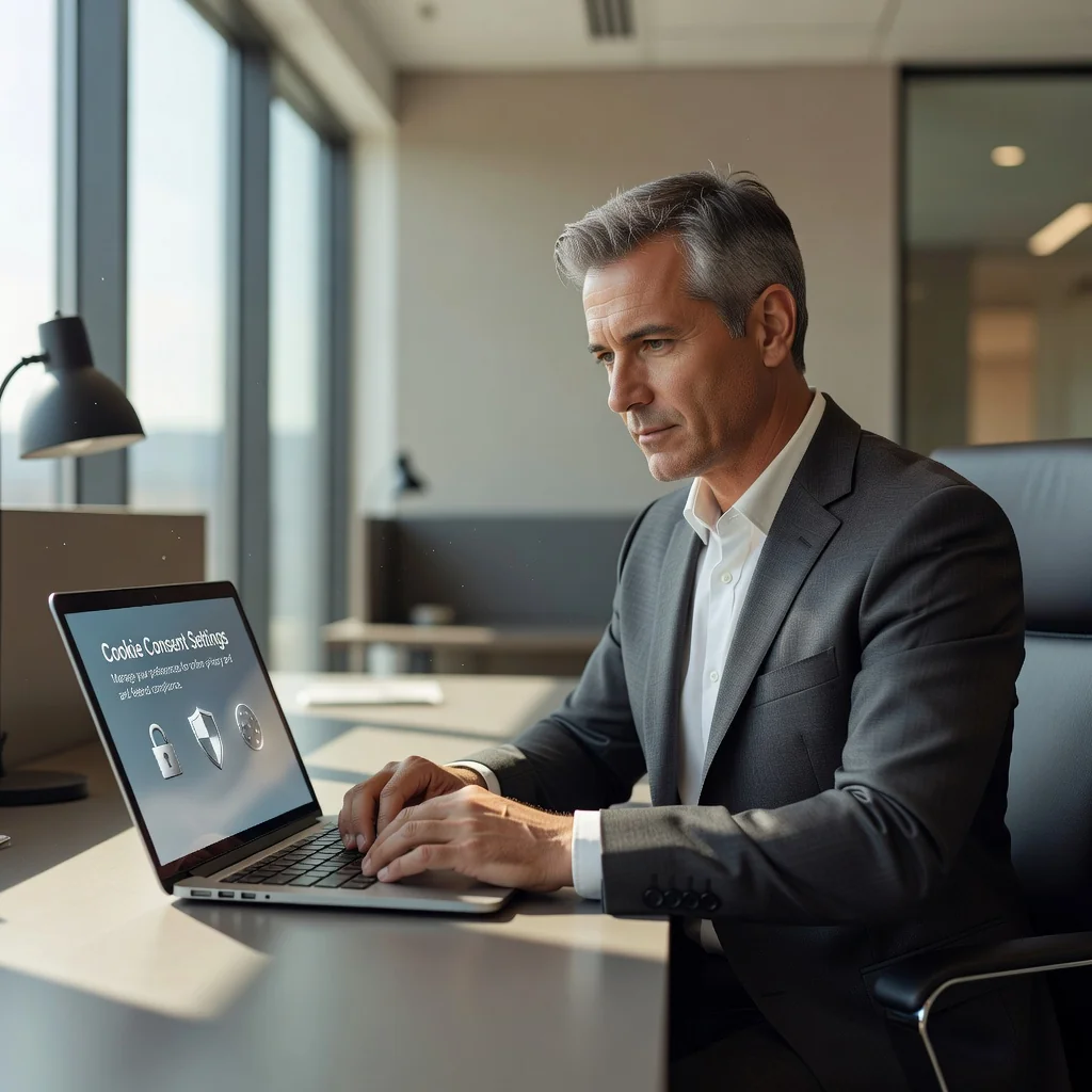 A photorealistic image depicting a professional adult in a modern office setting, reviewing digital privacy settings on a computer screen with icons representing cookies and data protection, symbolizing compliance with US federal privacy laws. The scene emphasizes security and technology without showing any legal documents.