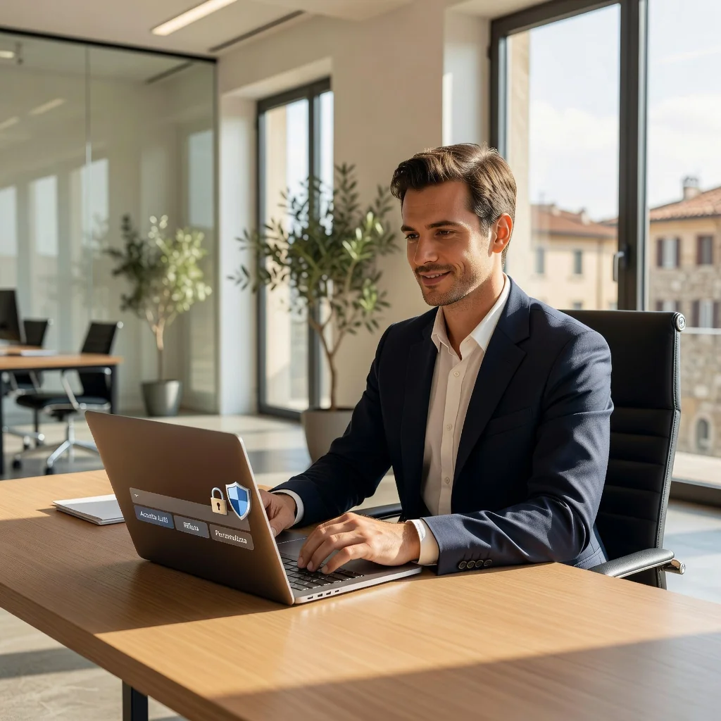 A photorealistic image representing digital privacy and cookie consent in the context of Italian websites, showing an adult professional browsing a secure website on a laptop in a modern office setting, with subtle icons of locks and shields symbolizing data protection, evoking trust and compliance without displaying any legal documents.