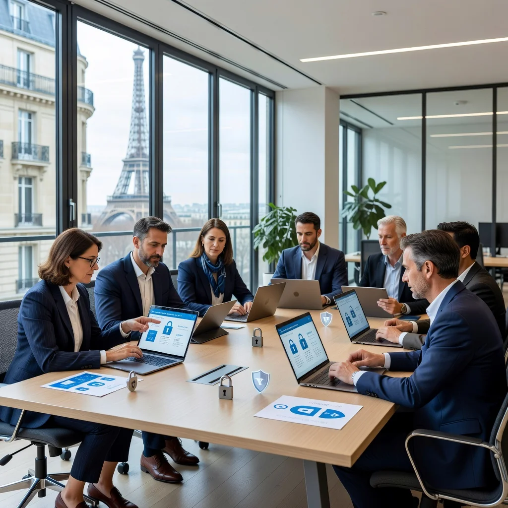 A photorealistic image representing data privacy and cookie policies in France, featuring a diverse group of adults in a modern French office setting, discussing online privacy on computers, with subtle French cultural elements like a Eiffel Tower view in the background, no children present, emphasizing trust and security in digital interactions.