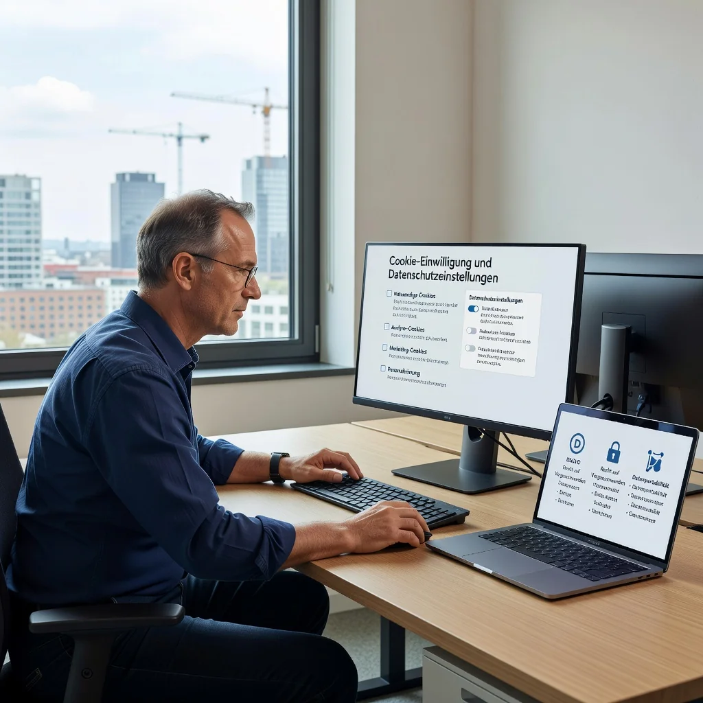 A professional office setting in Germany with a person reviewing a digital privacy policy on a computer screen, surrounded by subtle elements like a German flag or EU data protection icons, emphasizing data security and compliance without showing any legal documents directly.