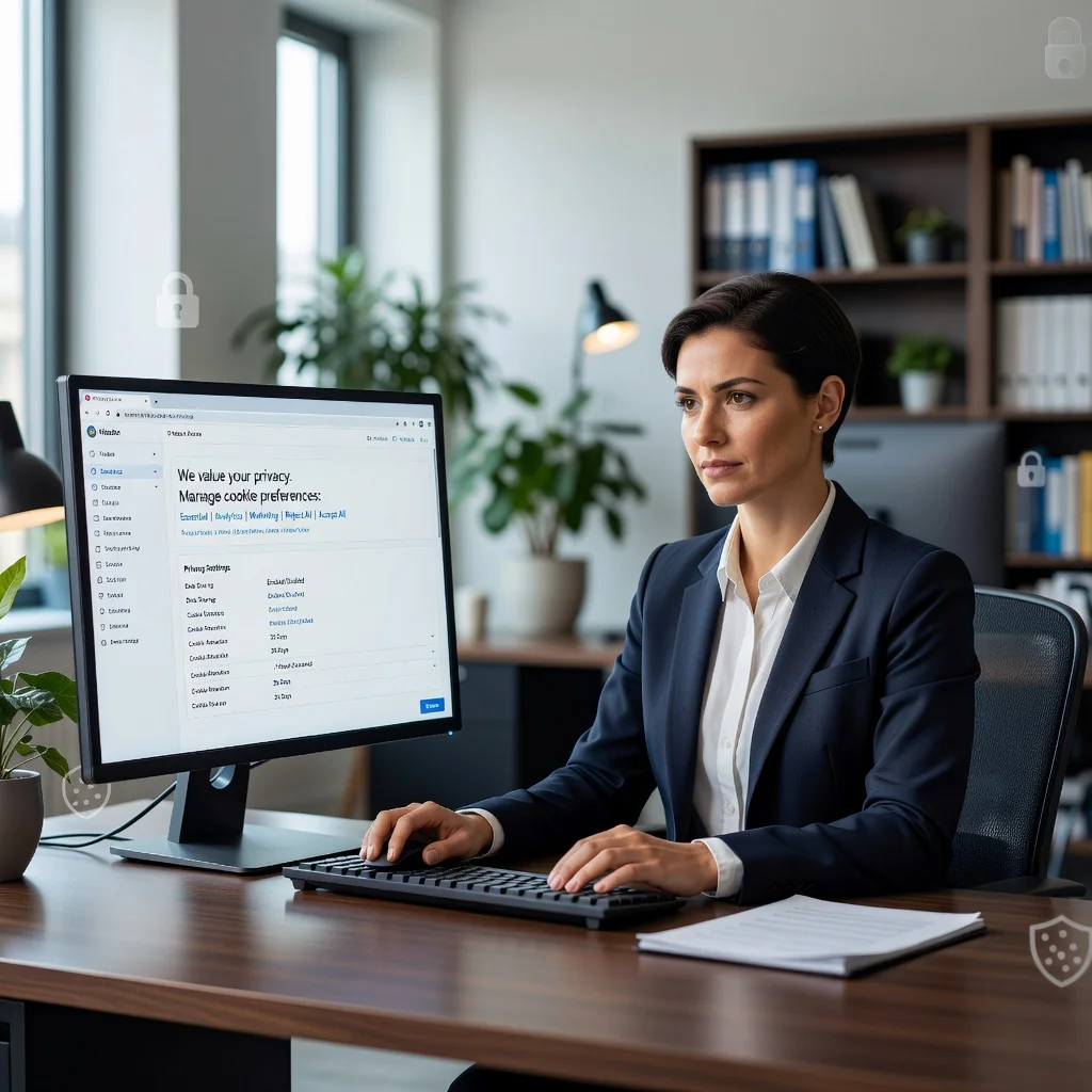 A photorealistic image of a professional woman in a modern office setting, sitting at a desk with a computer, thoughtfully reviewing a digital privacy policy on her screen, surrounded by subtle icons representing data protection and cookies, conveying compliance and security without focusing on legal documents.