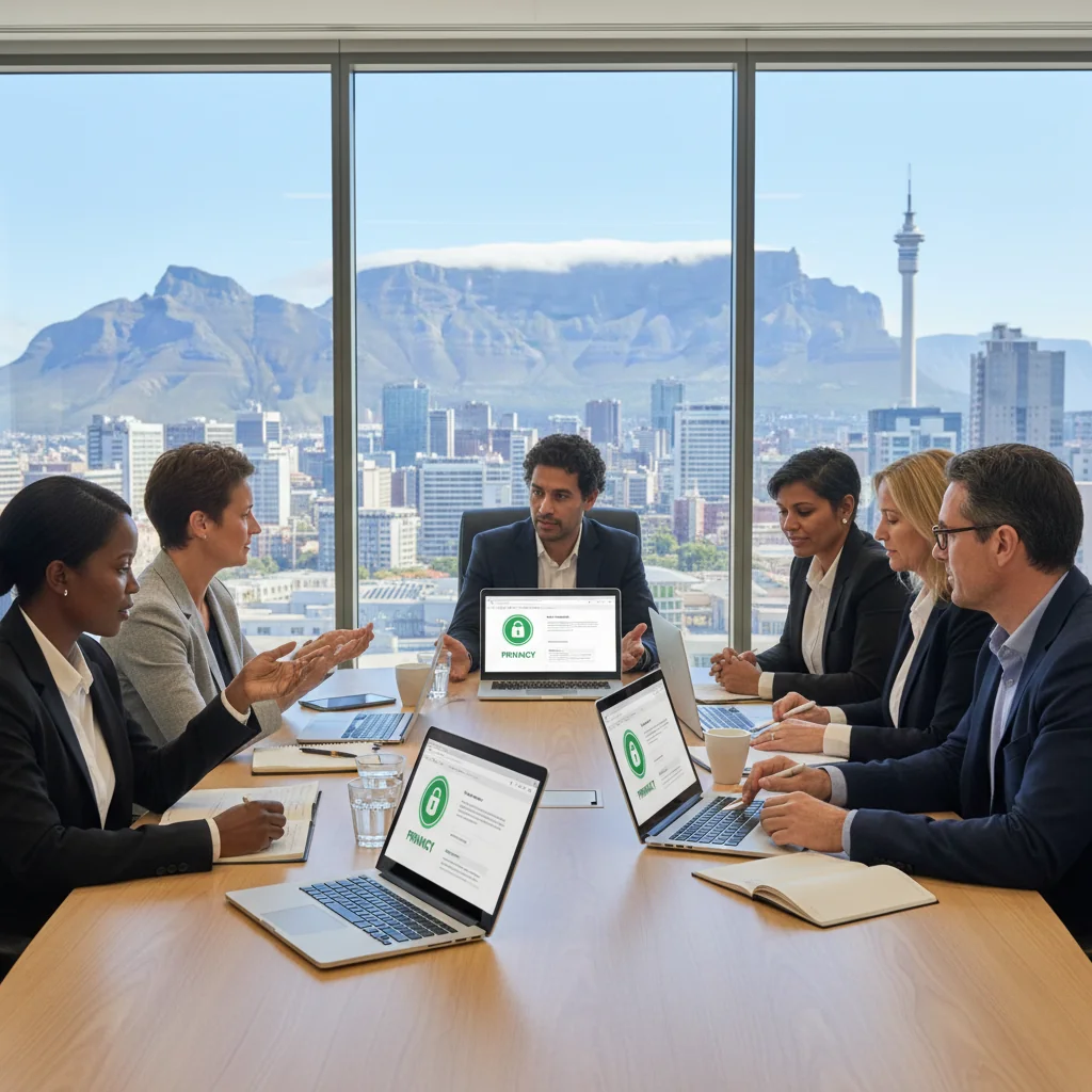 A photorealistic image of a diverse group of South African professionals in a modern office setting, discussing website compliance and data privacy, with subtle South African landmarks in the background, symbolizing the importance of understanding cookie policy regulations for websites.