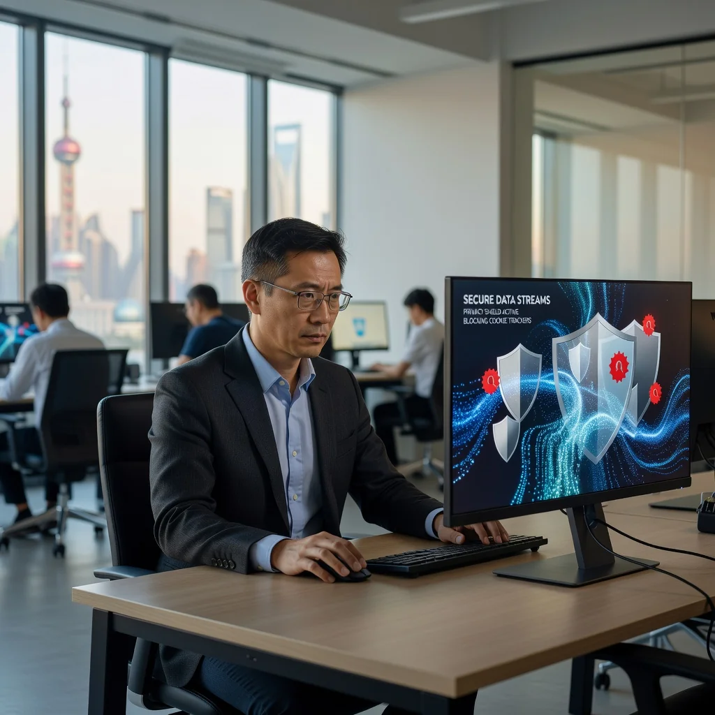 A photorealistic image representing privacy protection in the context of cookie usage under Chinese regulations, showing an adult professional person in a modern office setting, looking at a computer screen with subtle digital privacy icons like locks and shields overlayed on the display, emphasizing security and data protection without any legal documents visible.