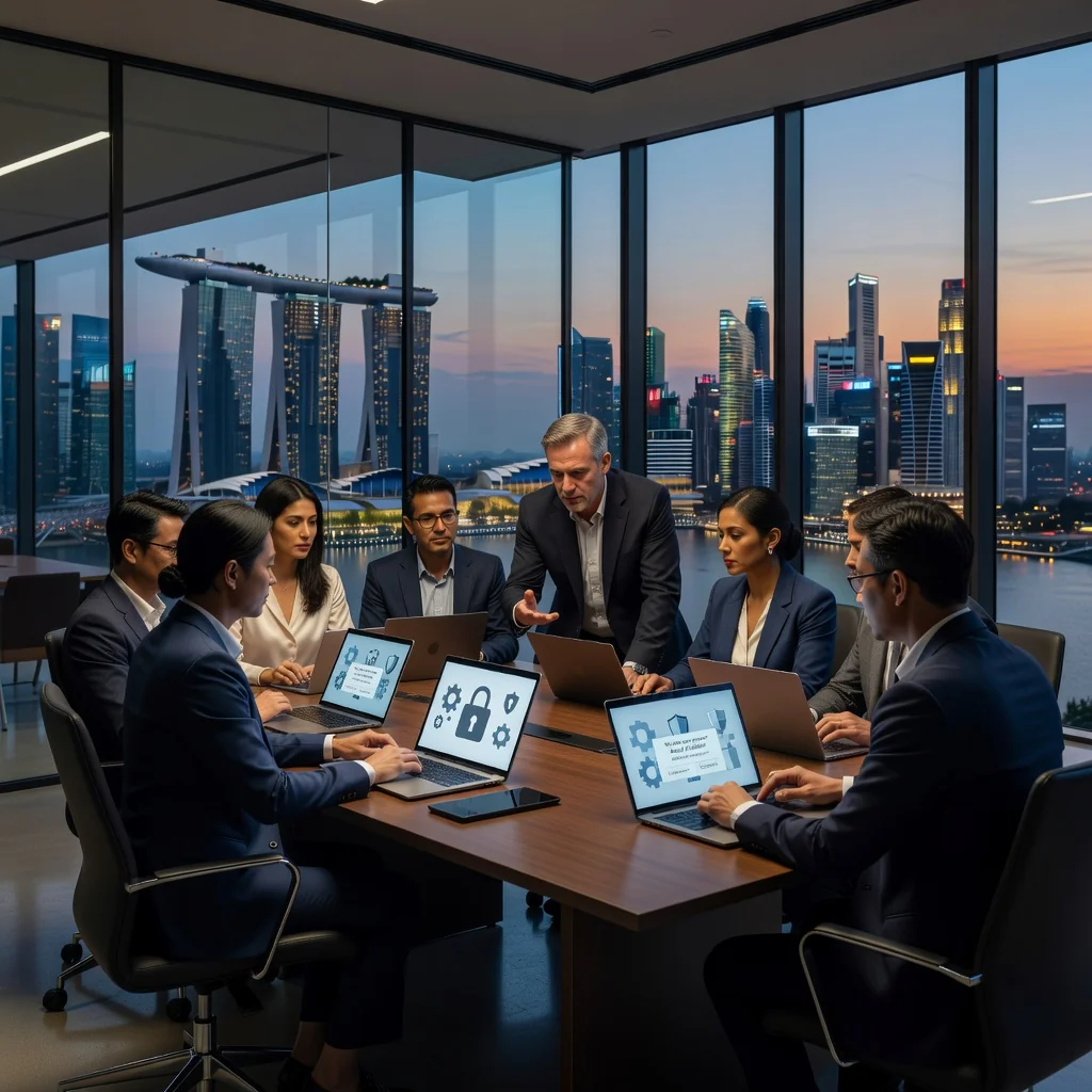 A photorealistic image of a diverse group of professional business adults in a modern Singapore office setting, discussing data privacy and cookie policies on laptops and tablets, with subtle Singapore skyline in the background, emphasizing protection and compliance without any legal documents visible.