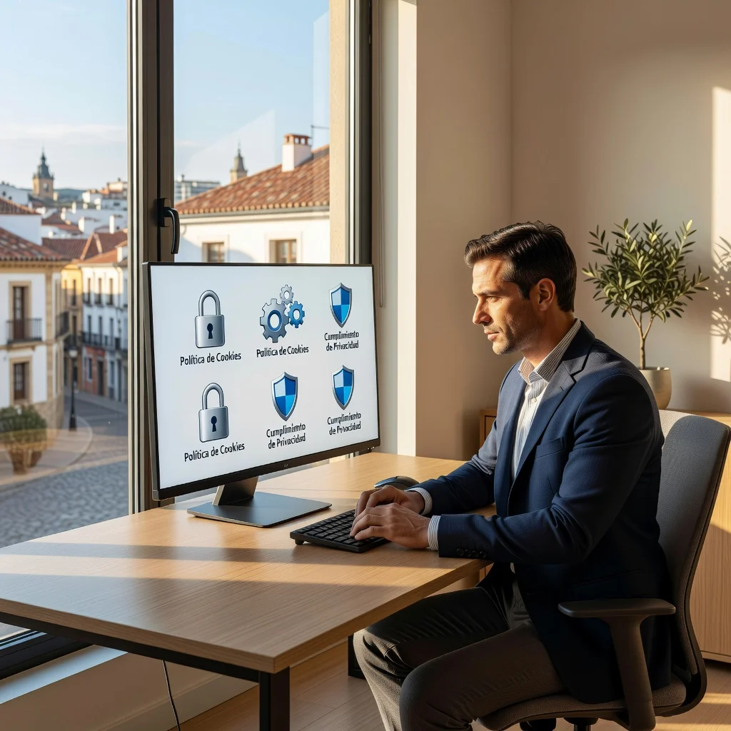 A photorealistic hero image representing data privacy and cookie policies in Spain, featuring an adult professional in a modern office setting reviewing digital security on a computer screen with subtle Spanish flag elements in the background, symbolizing compliance and protection without showing any legal documents.
