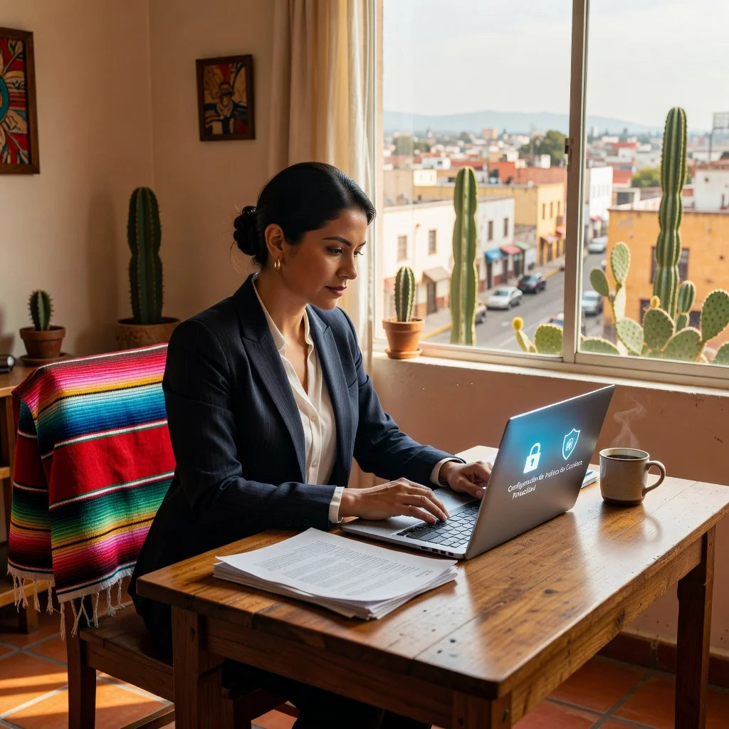 A photorealistic hero image representing the concept of online privacy and cookie policies in Mexico. The image shows an adult professional woman sitting at a modern desk in a home office, thoughtfully reviewing digital settings on her laptop screen, with subtle Mexican cultural elements like a colorful serape in the background. The atmosphere conveys security and awareness in internet usage, emphasizing protection of personal data without focusing on legal documents.