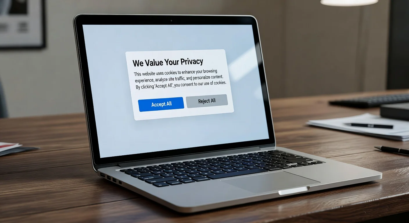 Cookie consent popup on laptop screen