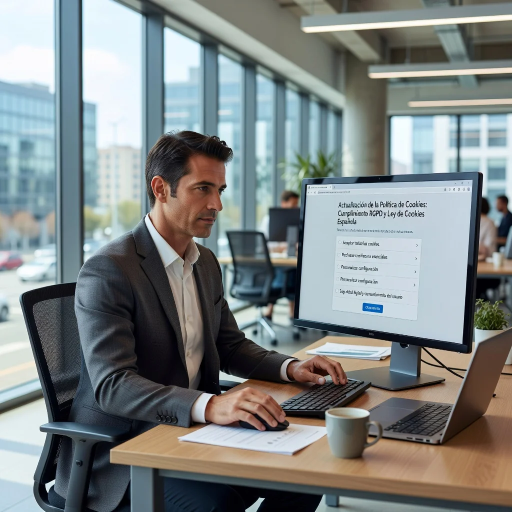 A photorealistic image symbolizing recent changes in cookie regulations in the EU and Spain, depicting a professional adult in a modern office setting interacting with a computer displaying a website privacy settings interface, emphasizing digital privacy and data protection without showing any legal documents, no children present.