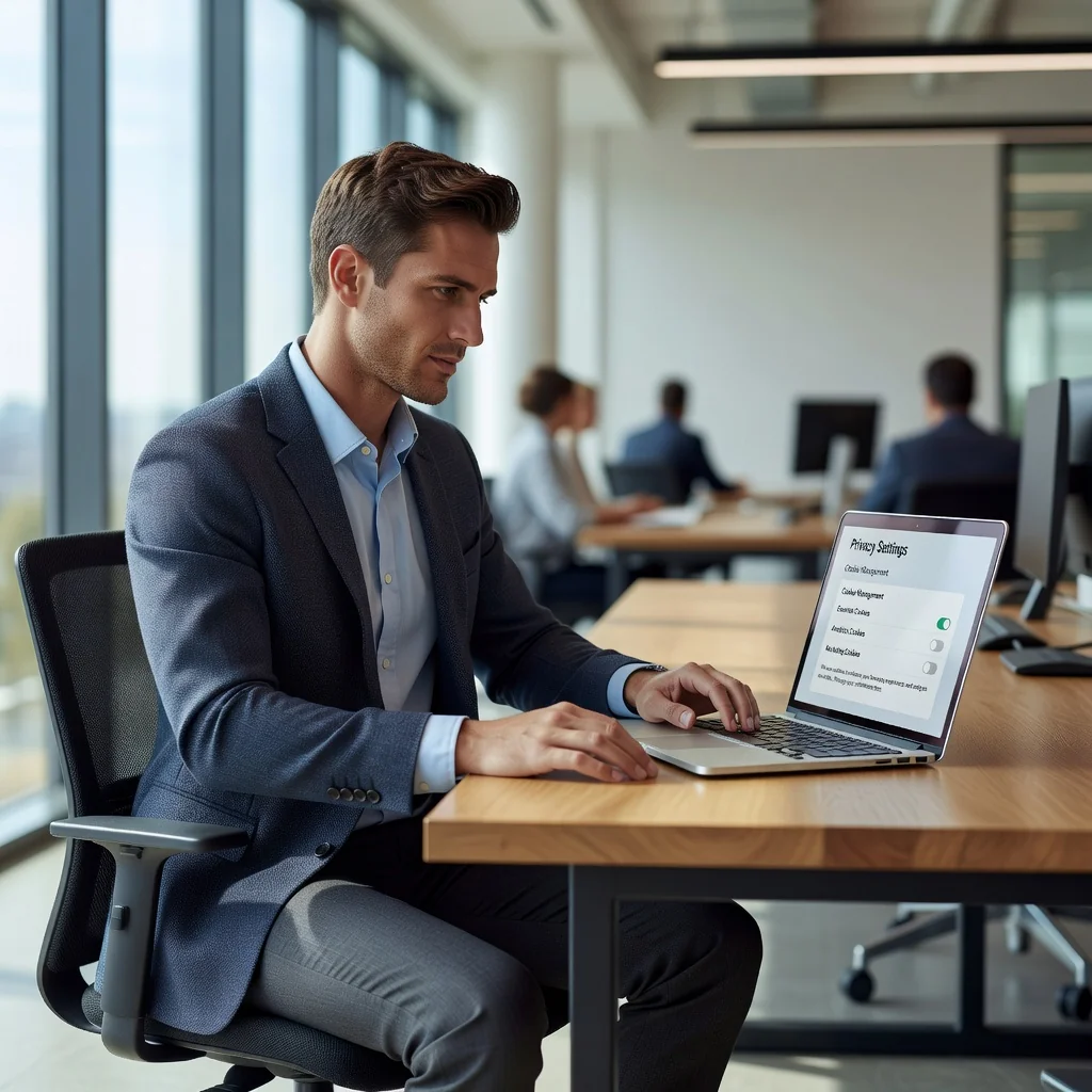 A photorealistic image of a professional adult developer sitting at a modern desk in a bright office, confidently typing on a laptop while reviewing a website interface on the screen, symbolizing privacy and data protection through cookie policies. The atmosphere is secure and trustworthy, with subtle digital elements like a shield icon in the background, no children present.