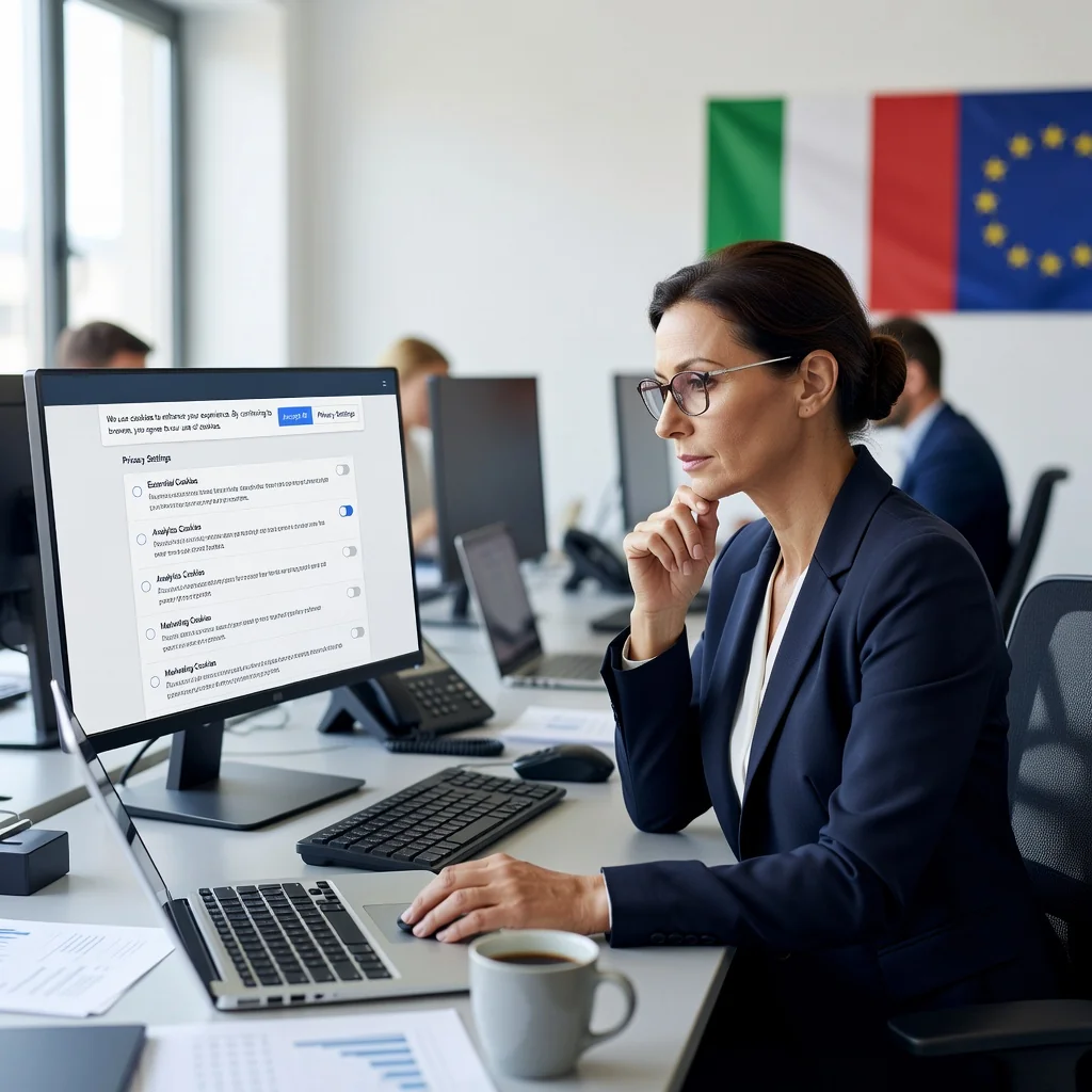 A photorealistic image of a professional adult sitting at a modern office desk, thoughtfully reviewing a digital privacy policy document on a computer screen displaying cookie consent settings, with subtle Italian and EU flag elements in the background, conveying compliance and awareness in data protection.