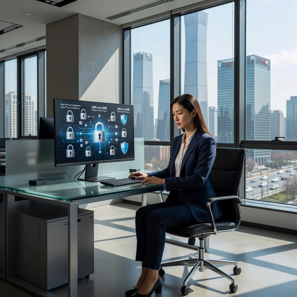 A photorealistic image of a professional Chinese businesswoman in a modern office setting, reviewing digital privacy policies on her computer screen, symbolizing compliance with data protection standards like cookie policies in China. The focus is on her thoughtful expression and the secure, organized workspace, representing the purpose of creating compliant policies without showing any legal documents directly.
