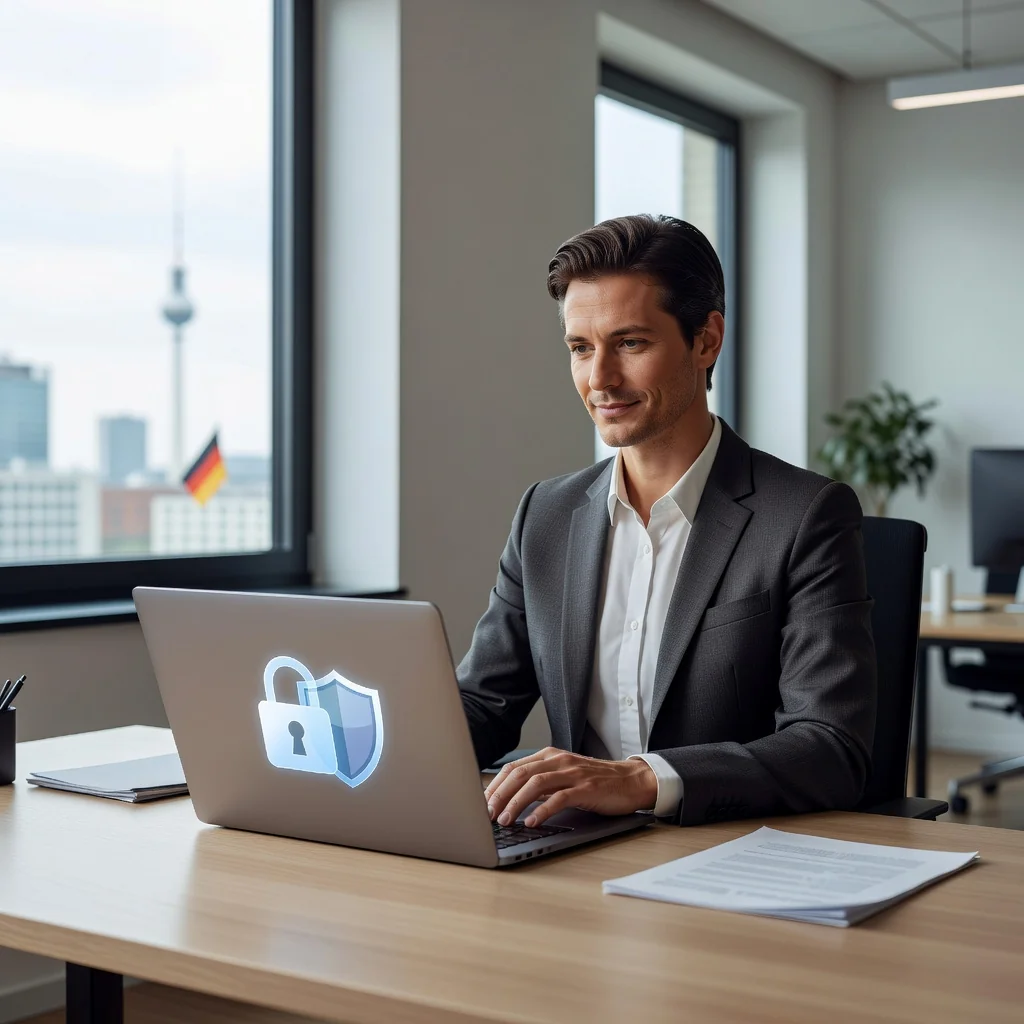 A photorealistic image representing data privacy and cookie consent in the context of German legal requirements, focusing on the purpose of protecting user information online without showing any legal documents. The scene features an adult professional in a modern office setting, looking thoughtfully at a computer screen displaying a subtle privacy shield icon, with German flag elements in the background to evoke the German context. No children are present in the image.