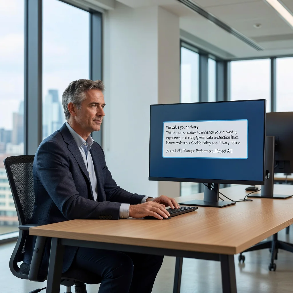 A photorealistic image of a professional adult sitting at a modern desk in a UK office, thoughtfully reviewing a digital cookie consent popup on a computer screen, with a Union Jack flag subtly in the background to evoke the United Kingdom, emphasizing privacy and data protection without showing any legal documents directly.