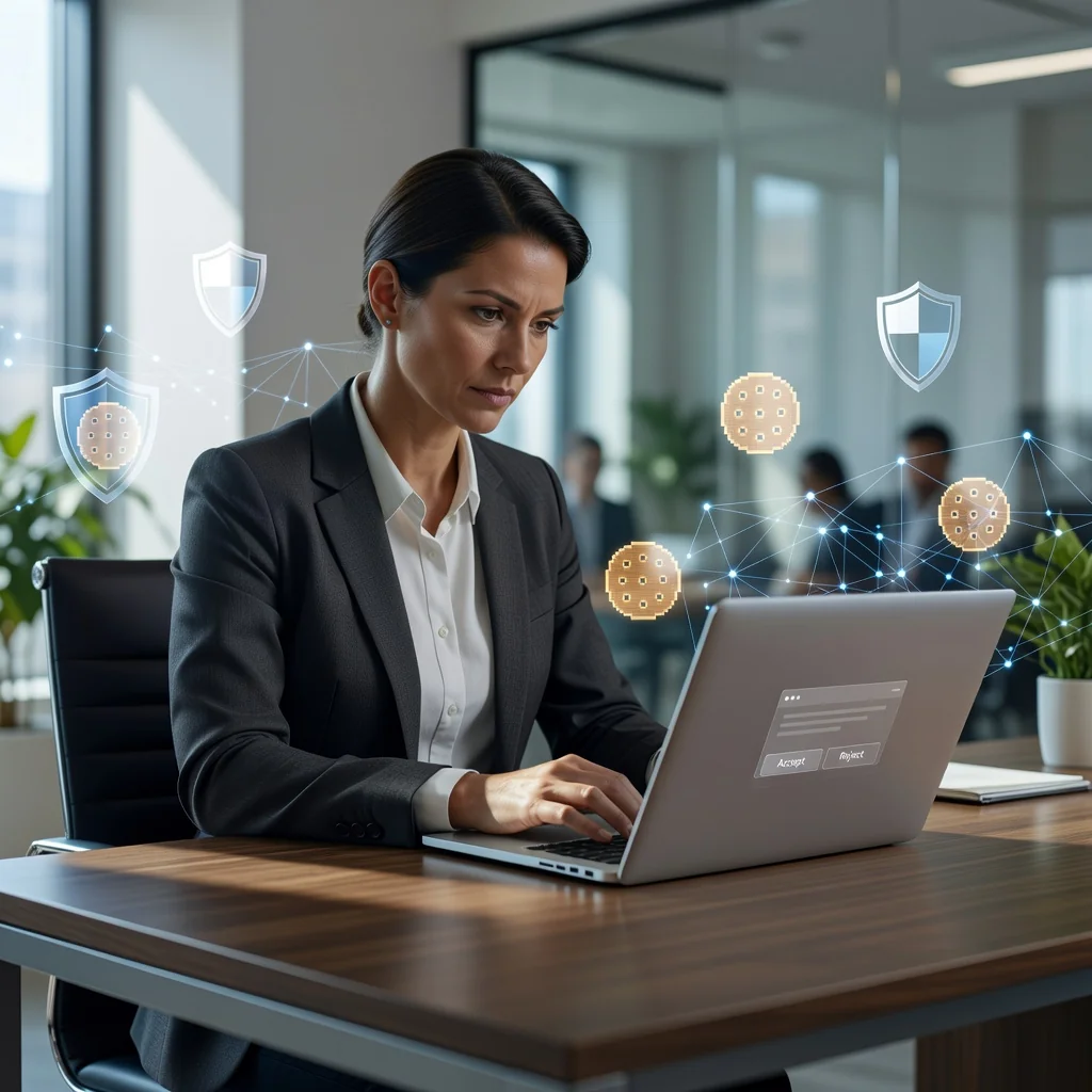 A photorealistic image representing digital privacy and online consent in the context of cookie policies. It shows a close-up of an adult person's hand on a laptop keyboard, with a subtle overlay of digital icons like cookies, locks, and web elements in the background, emphasizing protection and user control over online data. The scene is set in a modern office environment with soft lighting, no children present.