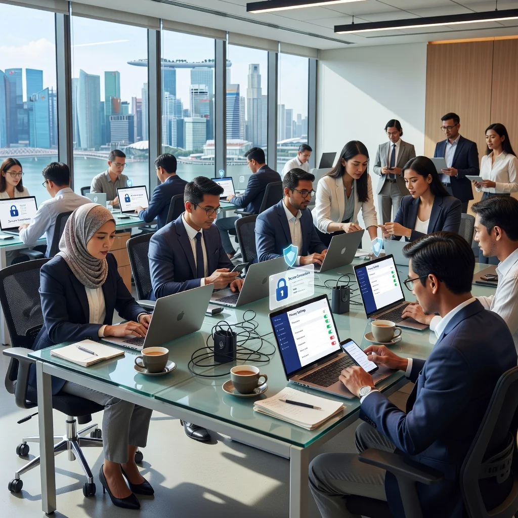 A photorealistic image representing data privacy and cookie consent in a digital context, showing a diverse group of adults in a modern Singapore office setting, interacting with computers and smartphones while ensuring secure online browsing, evoking trust and compliance without displaying any legal documents.