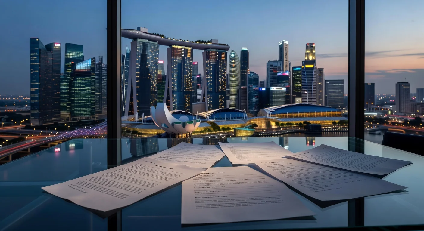 Singapore skyline with legal documents