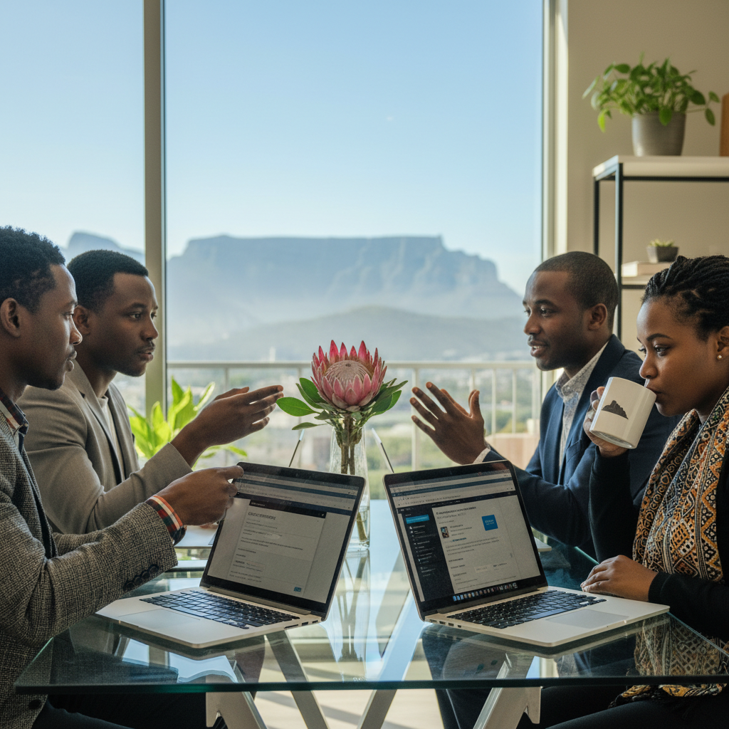 A photorealistic image representing the purpose of a cookie policy legal document in South Africa, focusing on online privacy and digital data protection. Depict a diverse group of South African adults, such as a professional woman and a businessman, sitting at a modern office desk with laptops open, reviewing digital privacy settings or consent forms on screen, with subtle South African elements like a flag or Cape Town skyline in the background. The scene conveys trust, security, and compliance in the digital world, emphasizing adult professionals in a professional setting.