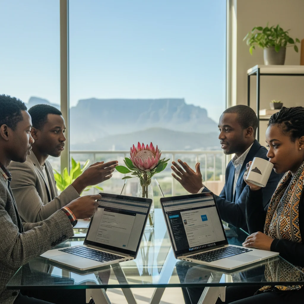 A photorealistic image representing the purpose of a cookie policy legal document in South Africa, focusing on online privacy and digital data protection. Depict a diverse group of South African adults, such as a professional woman and a businessman, sitting at a modern office desk with laptops open, reviewing digital privacy settings or consent forms on screen, with subtle South African elements like a flag or Cape Town skyline in the background. The scene conveys trust, security, and compliance in the digital world, emphasizing adult professionals in a professional setting.