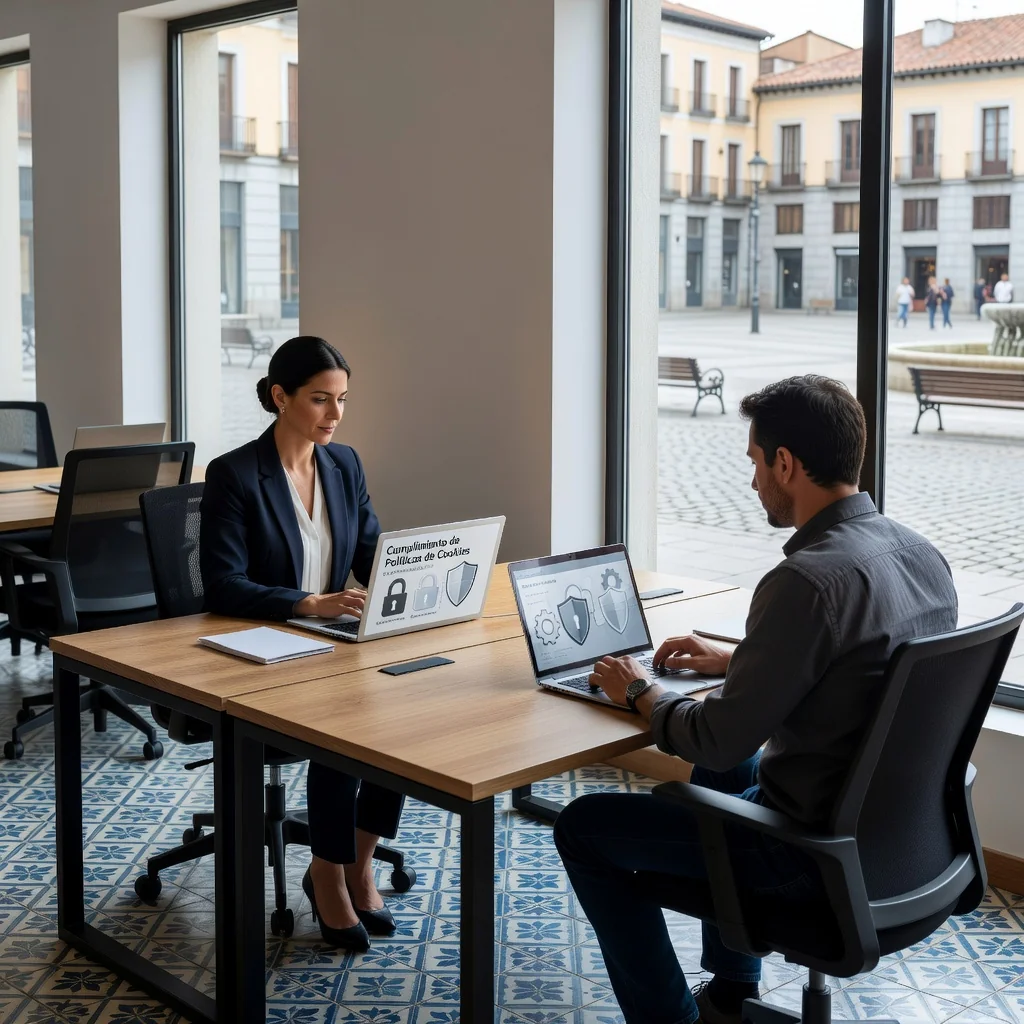 A photorealistic image representing privacy and data protection in the context of cookie policies in Spain, featuring a diverse group of adults in a modern office setting, using computers and reviewing digital interfaces with subtle Spanish flag elements in the background, symbolizing compliance and security without showing any legal documents.