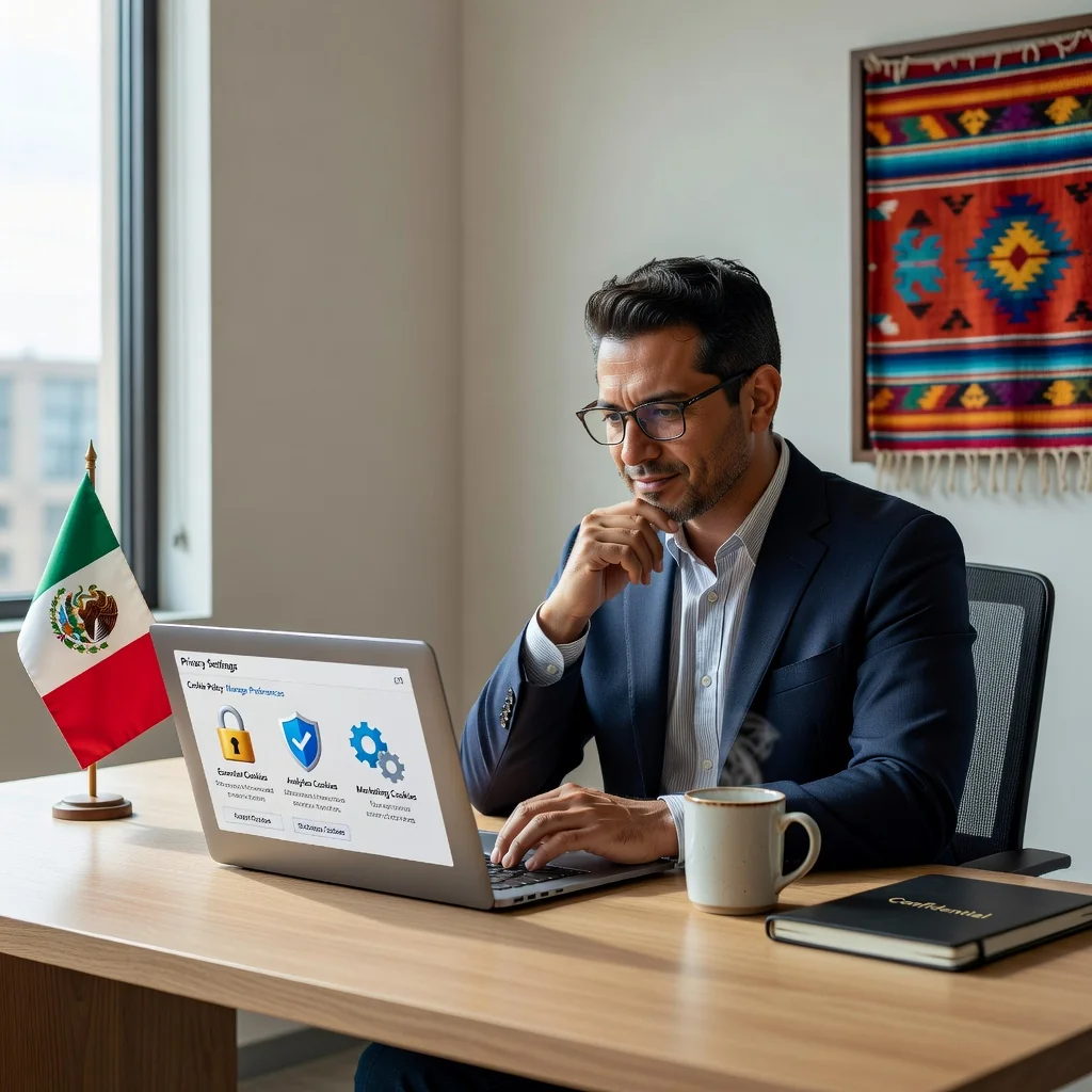 A photorealistic image representing privacy and data protection in the context of cookie policies in Mexico, featuring an adult professional in a modern office setting carefully reviewing digital privacy settings on a computer screen, with subtle Mexican cultural elements like a flag or traditional decor in the background, no children present.
