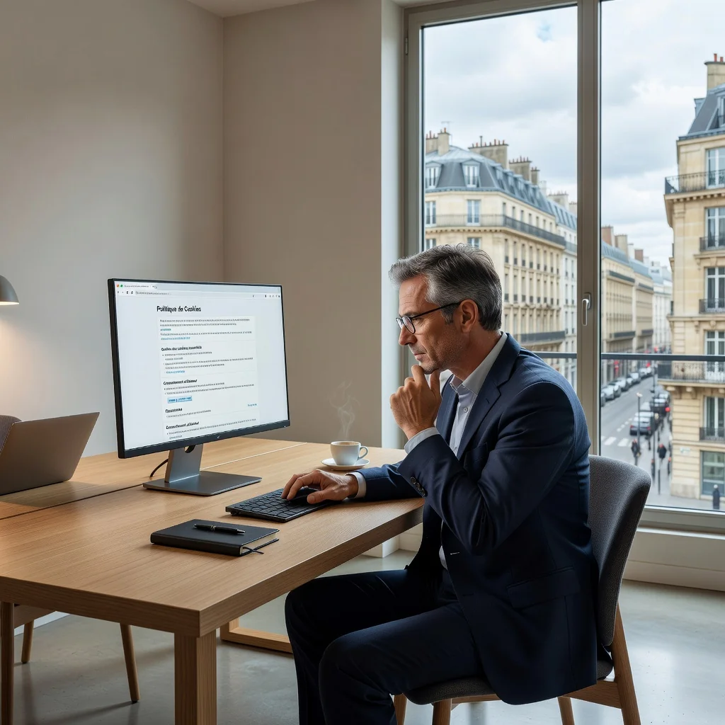 A professional office setting in France, featuring an adult business professional reviewing a cookie policy document on a laptop, with French landmarks like the Eiffel Tower visible through a window in the background, symbolizing data privacy and online compliance in a modern workplace.