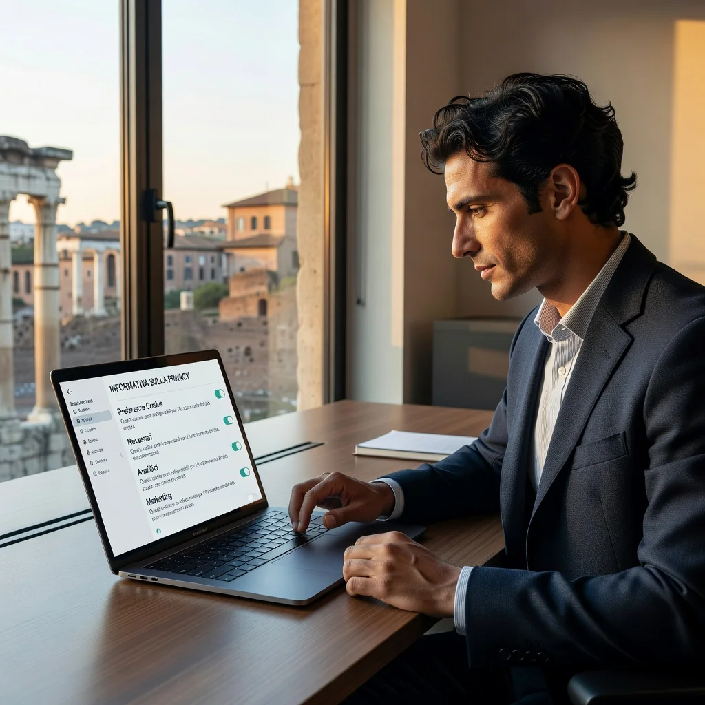 A photorealistic image representing privacy and data protection in the context of cookie policies in Italy, showing an adult professional in a modern office setting reviewing digital privacy settings on a computer, with subtle Italian landmarks in the background like the Colosseum through a window, emphasizing security and compliance without focusing on documents.