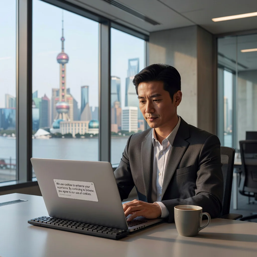 A photorealistic image representing the purpose of cookie policy legal documents in China, focusing on digital privacy and online consent in a modern Chinese tech context. Show an adult professional in a sleek office in Shanghai, viewing a computer screen displaying a cookie consent popup on a website, with subtle Chinese cityscape elements like skyscrapers in the background through a window. The scene emphasizes secure online browsing and data protection, with no documents visible. Ensure no children are present.