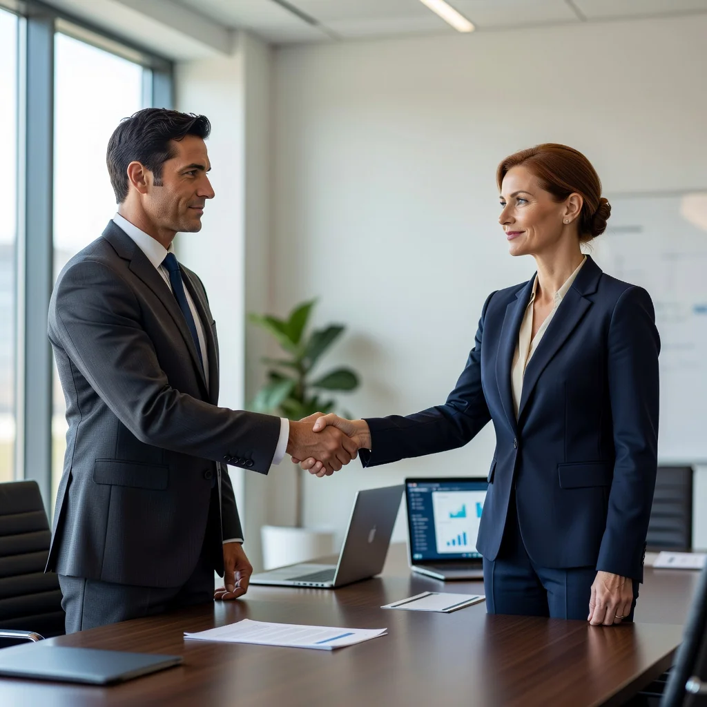 A photorealistic image of a professional business meeting where two adults are shaking hands across a conference table, symbolizing successful negotiation of a SaaS subscription agreement. The setting is a modern office with subtle tech elements like laptops and software interfaces in the background, conveying business deal-making without showing any legal documents.