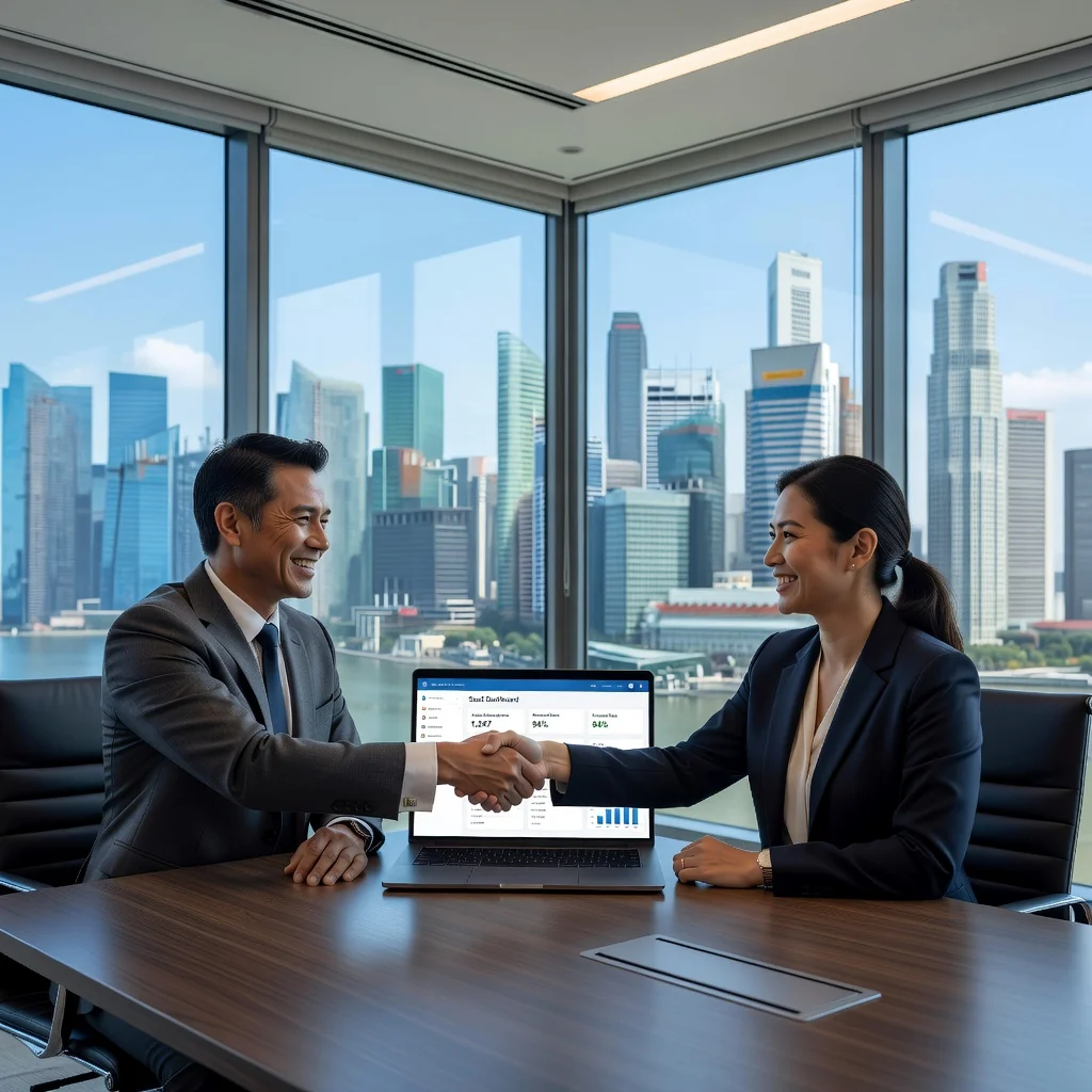 A photorealistic image of two professionals in a modern Singapore office, shaking hands over a laptop displaying a subscription dashboard, symbolizing a successful SaaS agreement, with the Singapore skyline visible through large windows in the background.