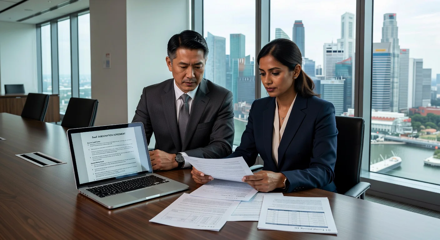 Business professionals reviewing SaaS agreement