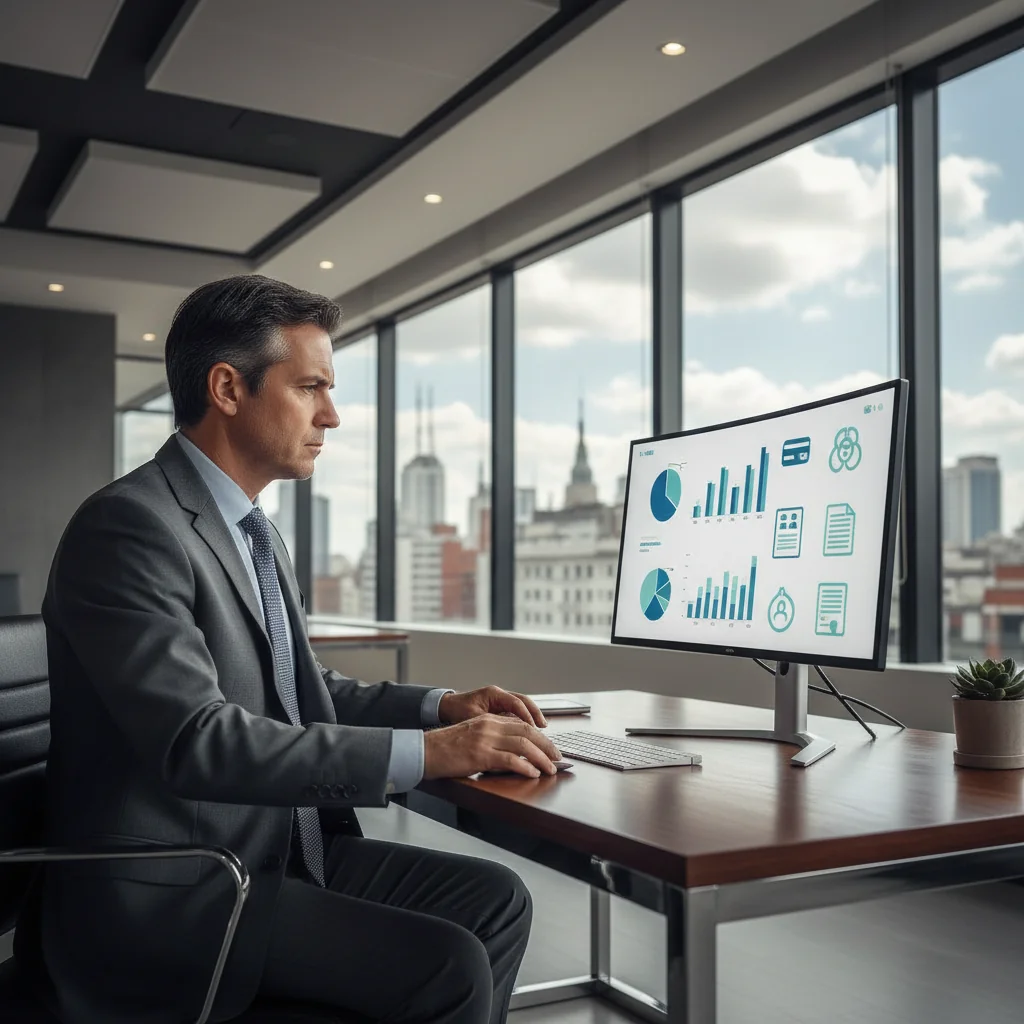 A photorealistic image of a professional adult businessperson in a modern office setting, confidently reviewing a digital subscription dashboard on a computer screen, symbolizing rights and obligations in SaaS subscriptions under Argentine law. The scene should convey trust, compliance, and technology integration without any legal documents visible.