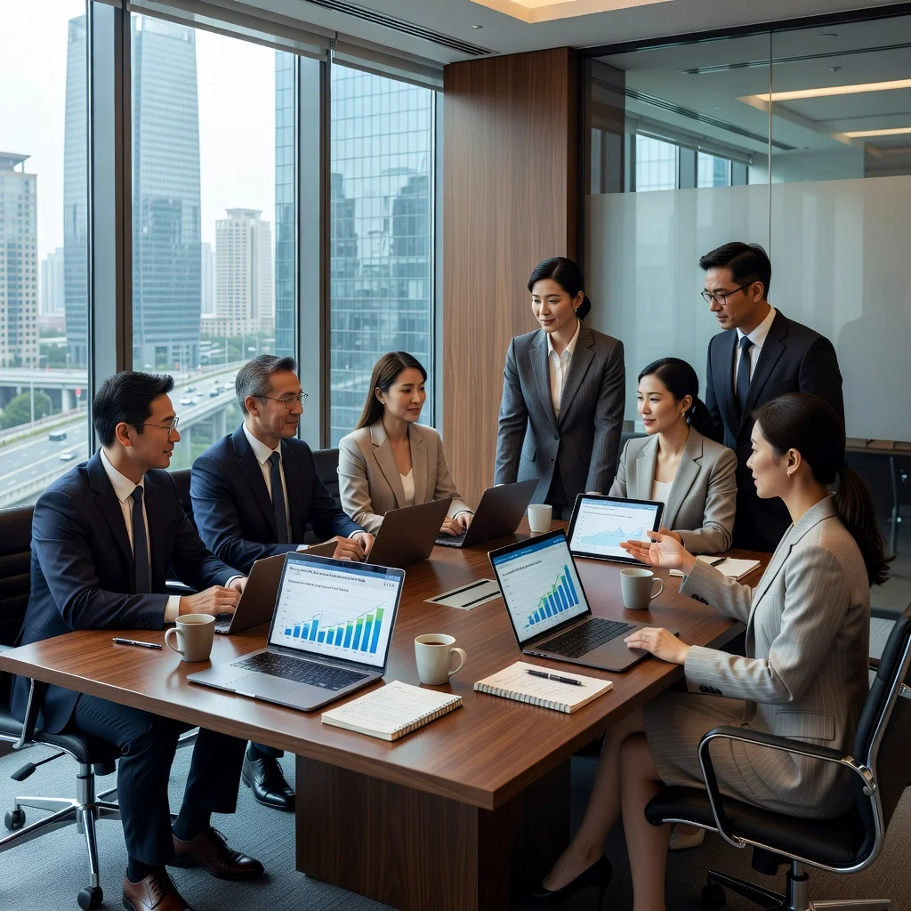 A photorealistic image depicting a professional business meeting in a modern Chinese office, where diverse adult professionals are discussing SaaS subscription agreements on laptops and tablets, symbolizing the legal and contractual aspects of cloud software services in China, with elements like digital interfaces and subtle Chinese cultural motifs in the background.