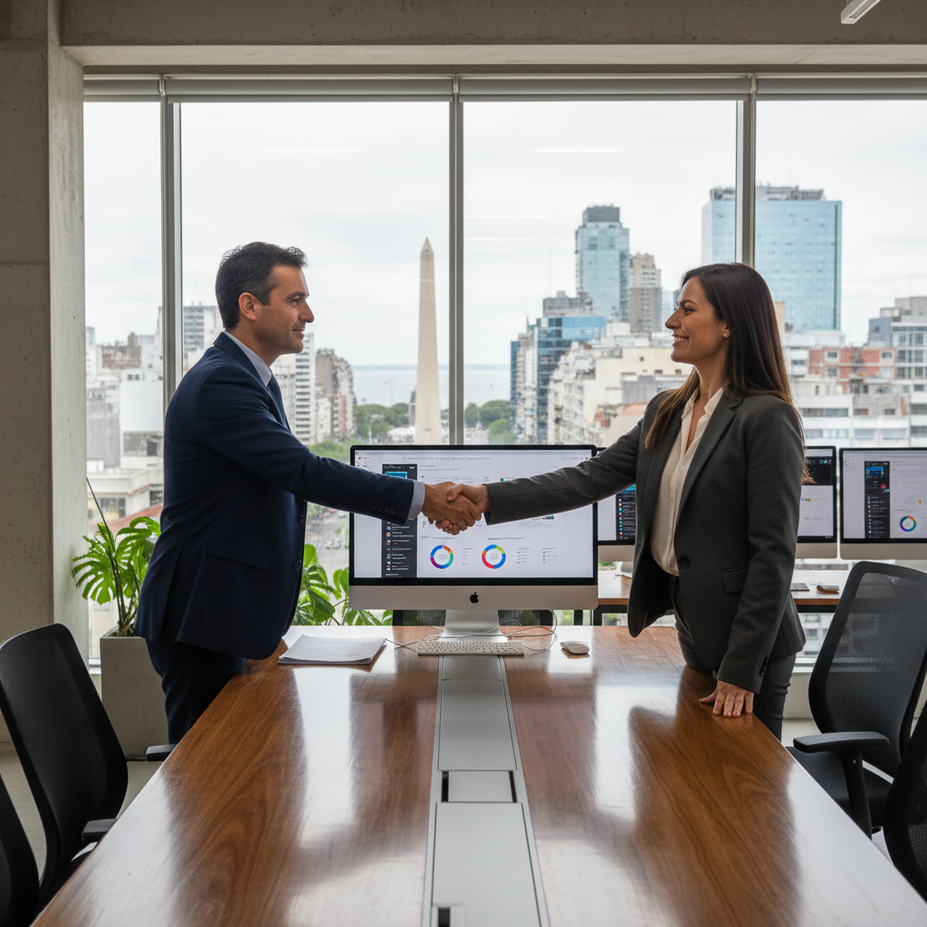 A photorealistic image of two professional adults, a man and a woman in business attire, shaking hands in a modern Argentine office setting with subtle national elements like a flag or skyline view, symbolizing a successful SaaS business agreement.