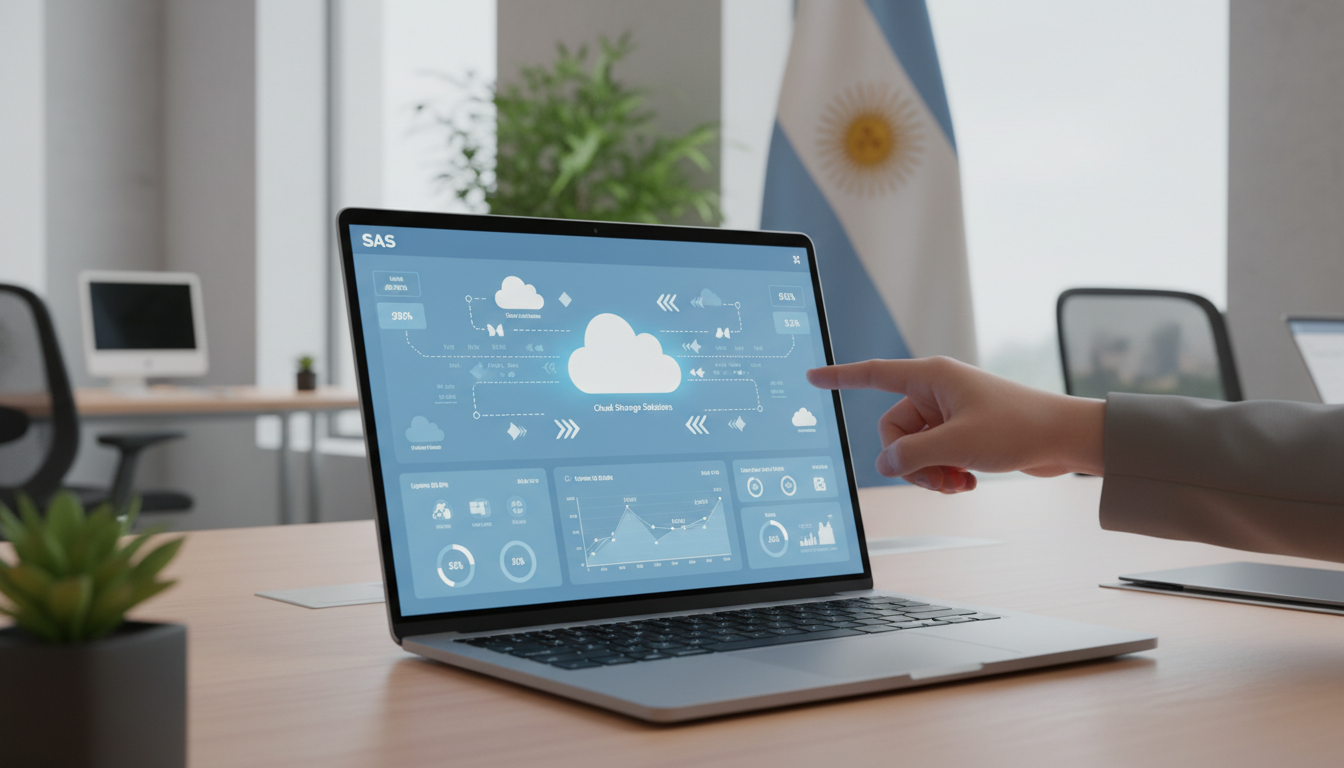 Digital SaaS icons on Argentine flag background
