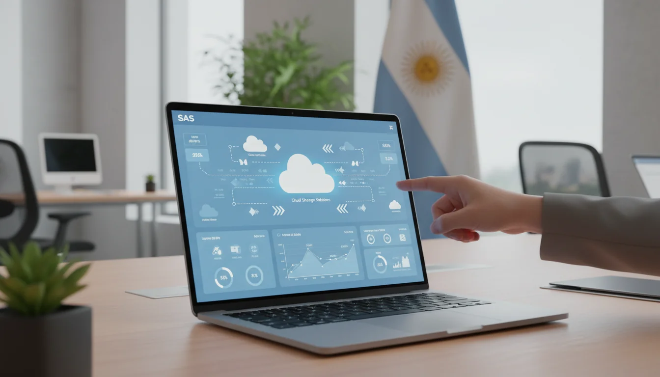 Digital SaaS icons on Argentine flag background