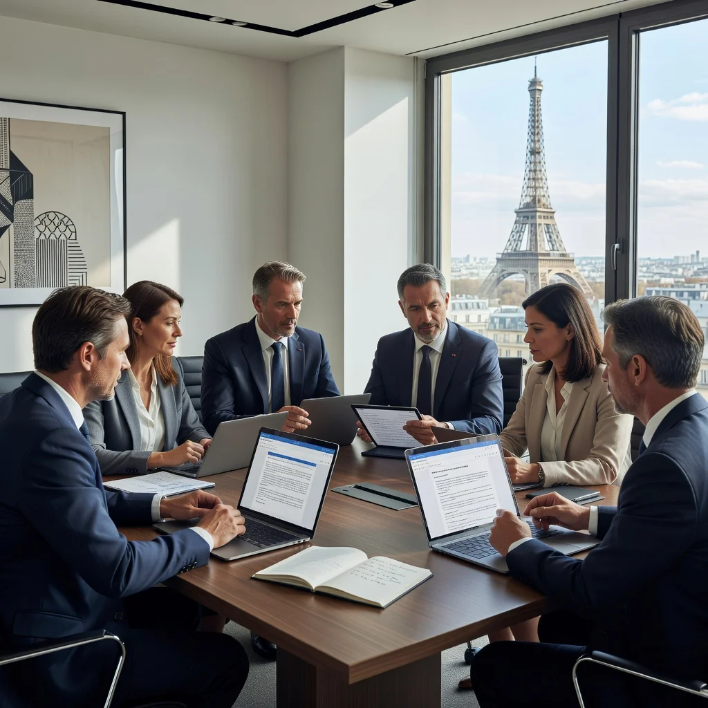 A professional business meeting in a modern French office, with adults discussing SaaS software on laptops, symbolizing legal obligations in SaaS contracts. Photorealistic image of diverse professionals in business attire collaborating around a conference table, with subtle French elements like a window view of Paris landmarks in the background. No children present.