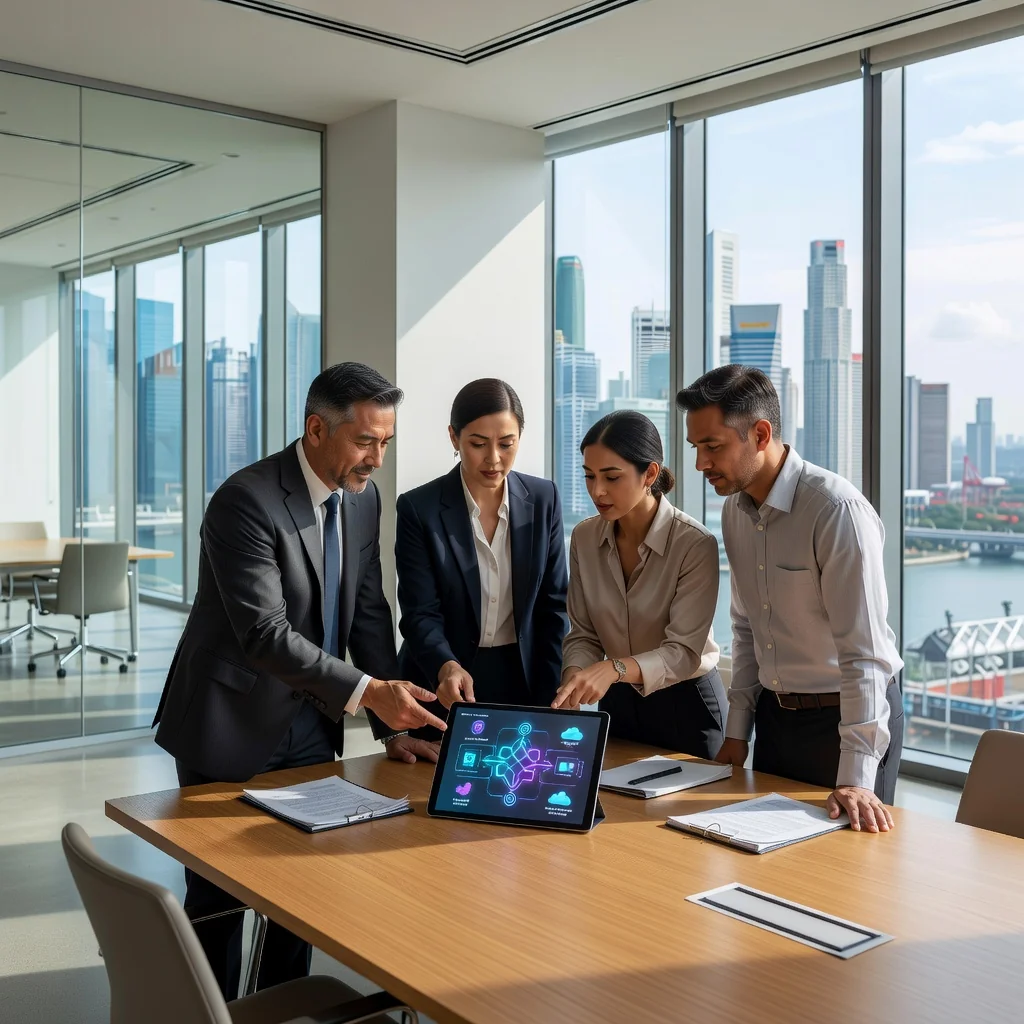 A photorealistic image of a professional business meeting in a modern Singapore office, with diverse adults discussing SaaS contract terms on a digital tablet, overlooking the city skyline, symbolizing legal agreements in tech services.