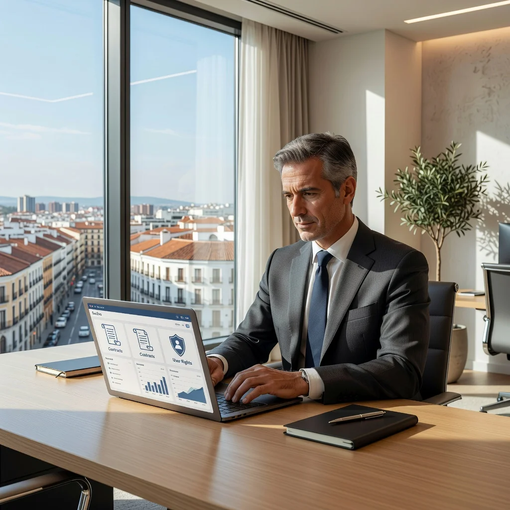 A photorealistic image of a professional adult businessperson in a modern office environment, confidently reviewing a digital subscription service interface on a computer screen, symbolizing rights and obligations in SaaS contracts under Spanish law. The scene conveys security, agreement, and technology integration in a corporate setting, with no children present.