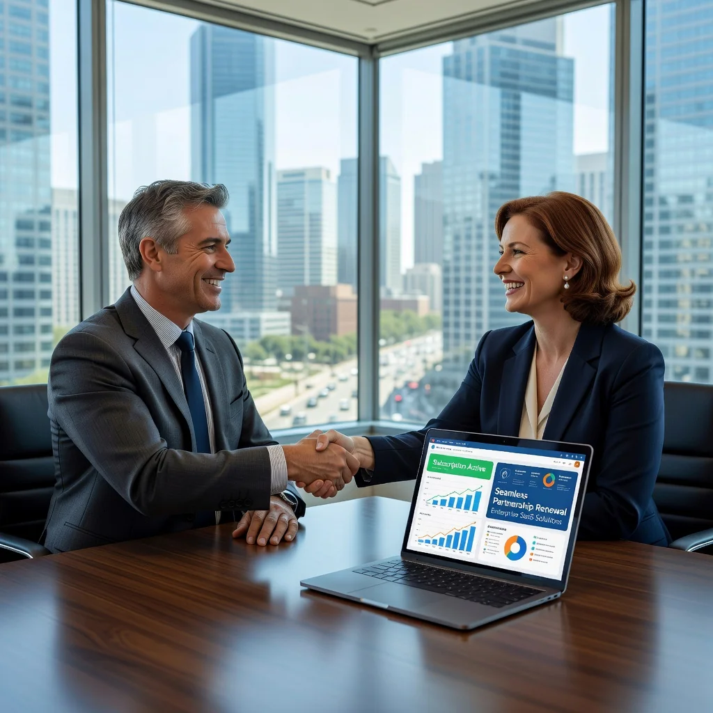 A photorealistic image of two professional adults in a modern office setting, shaking hands over a laptop displaying a SaaS dashboard, symbolizing a successful SaaS subscription agreement without showing any legal documents.