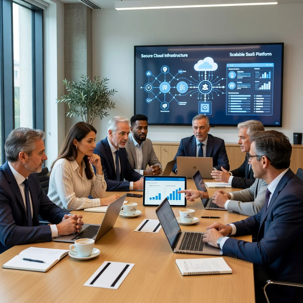 A photorealistic image of a professional business meeting in a modern Spanish office, where a diverse group of adults is discussing a SaaS software subscription agreement on a digital tablet, symbolizing collaboration and technology in business services, with elements like laptops and cloud icons subtly in the background, evoking trust and innovation in the Spanish business context.