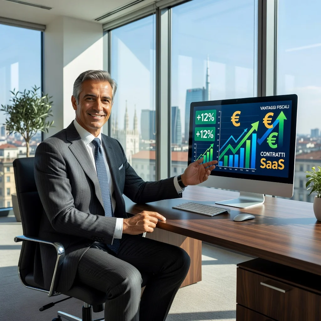 A photorealistic image of a professional Italian businessperson in a modern office in Italy, smiling confidently while reviewing financial charts on a computer screen that display SaaS subscription growth and tax savings icons, symbolizing the fiscal advantages of SaaS contracts in Italy. The scene conveys success, efficiency, and financial benefits without any focus on legal documents.