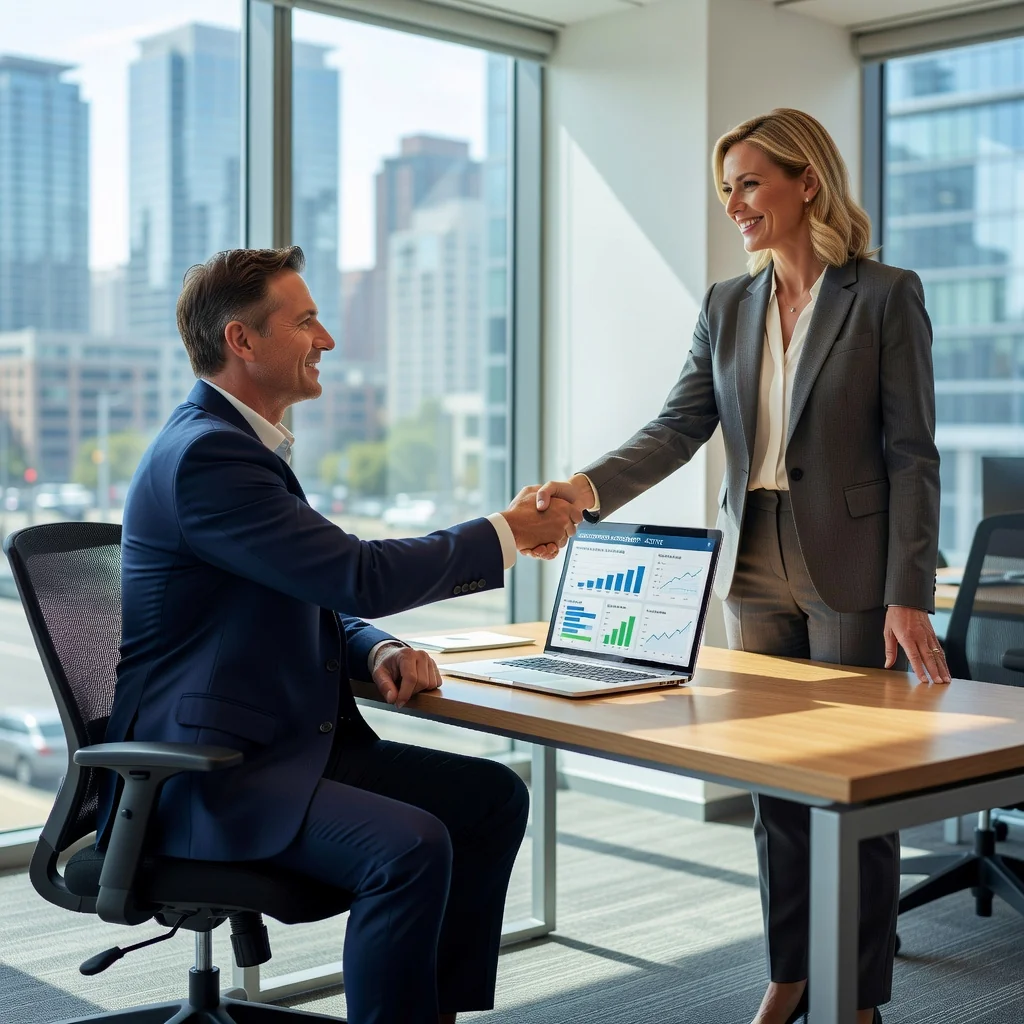 A photorealistic image depicting a professional business meeting in a modern office where two adults are shaking hands over a laptop displaying SaaS software interface, symbolizing a SaaS subscription agreement. The scene conveys trust, partnership, and digital service subscription without showing any legal documents.