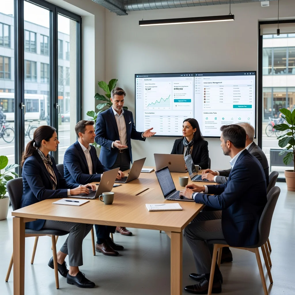 A professional business meeting in a modern German office, with adults discussing SaaS software on laptops, symbolizing subscription agreements and digital services, photorealistic style.