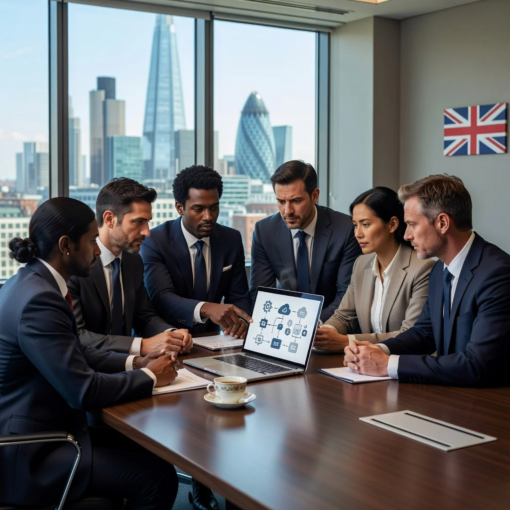 A photorealistic image of a professional business meeting in a modern UK office, where a diverse group of adults is discussing SaaS subscription agreements around a conference table, emphasizing collaboration and caution to avoid common pitfalls, with subtle UK elements like a Union Jack flag in the background. No children are present.