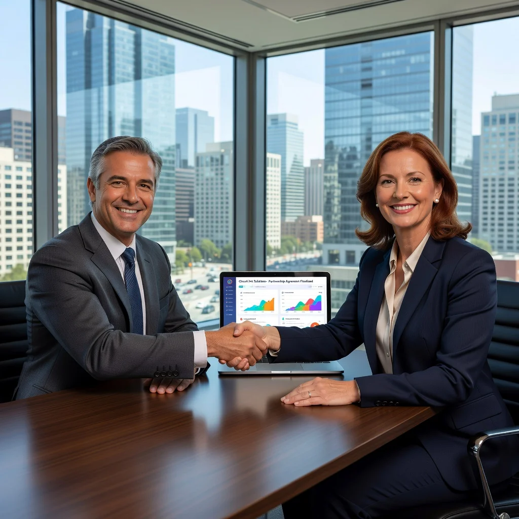 A photorealistic image of two professional adults in a modern office setting, shaking hands over a laptop displaying a SaaS dashboard, symbolizing agreement and collaboration in software services, with no children present.