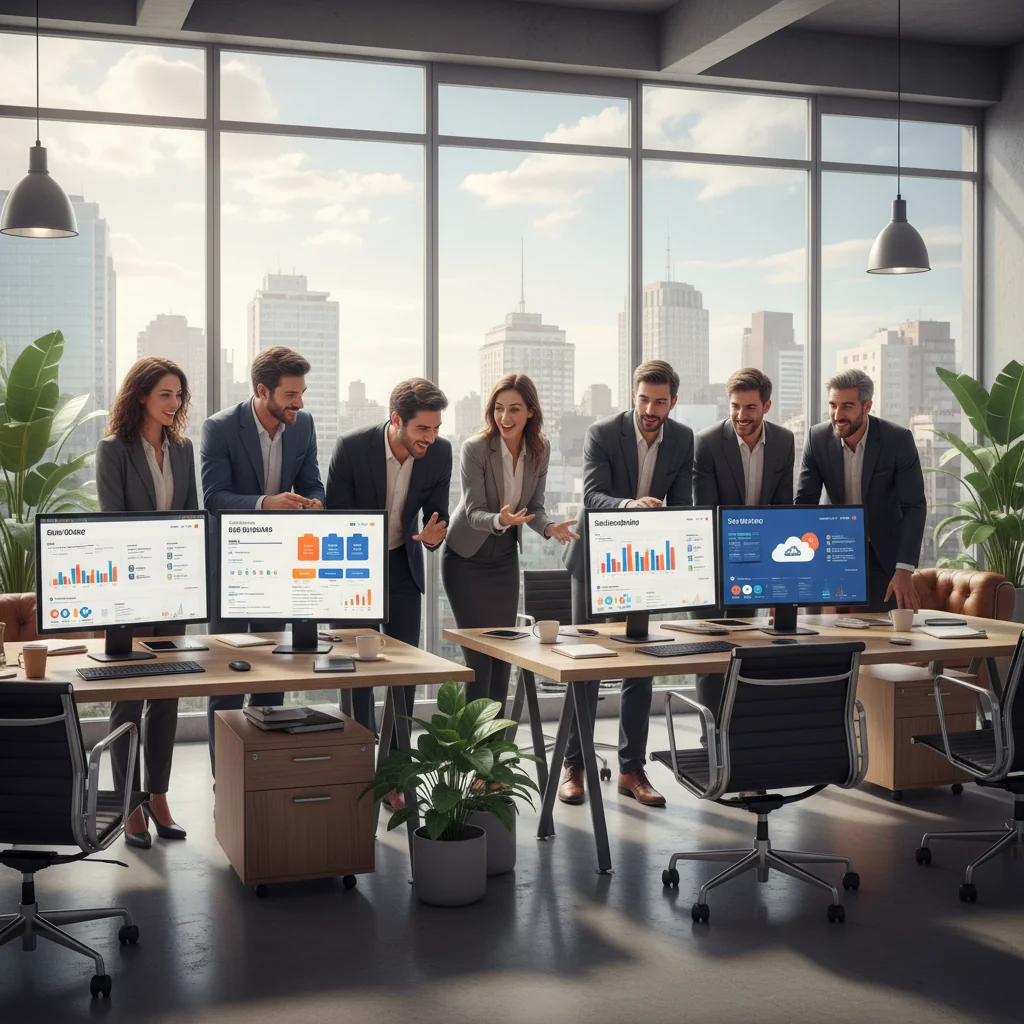 A professional business scene in Argentina representing SaaS subscription contracts, showing a diverse group of young adults in a modern office setting, collaborating on digital software interfaces on laptops, with subtle Argentine elements like a flag or city skyline in the background, conveying innovation and business agreement without focusing on legal documents.