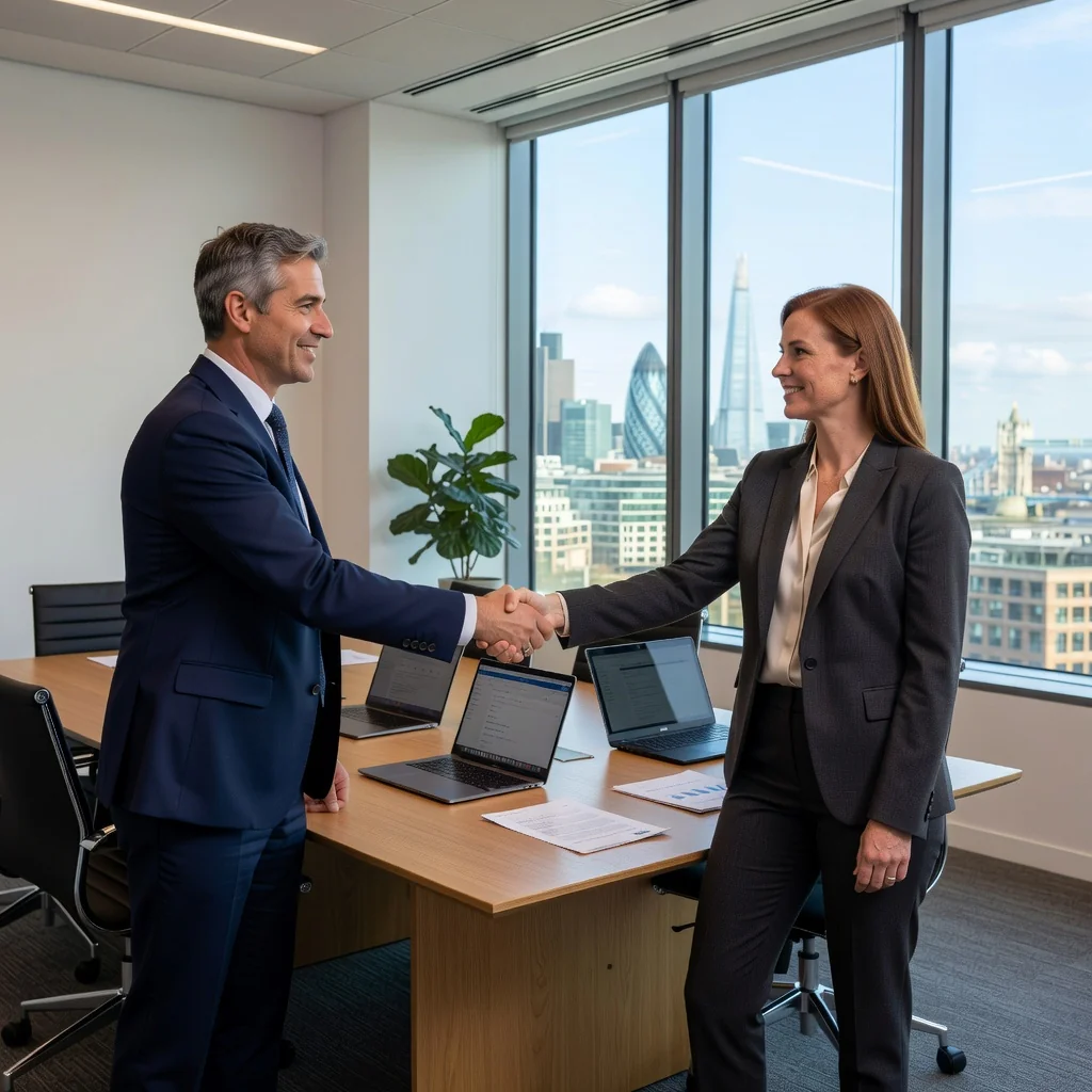 A professional business meeting in a modern UK office where a confident negotiator is shaking hands with a SaaS provider representative across a conference table, symbolizing successful subscription agreement negotiation. The scene includes laptops, coffee cups, and subtle UK elements like a Union Jack flag in the background, conveying trust and partnership in a corporate setting.
